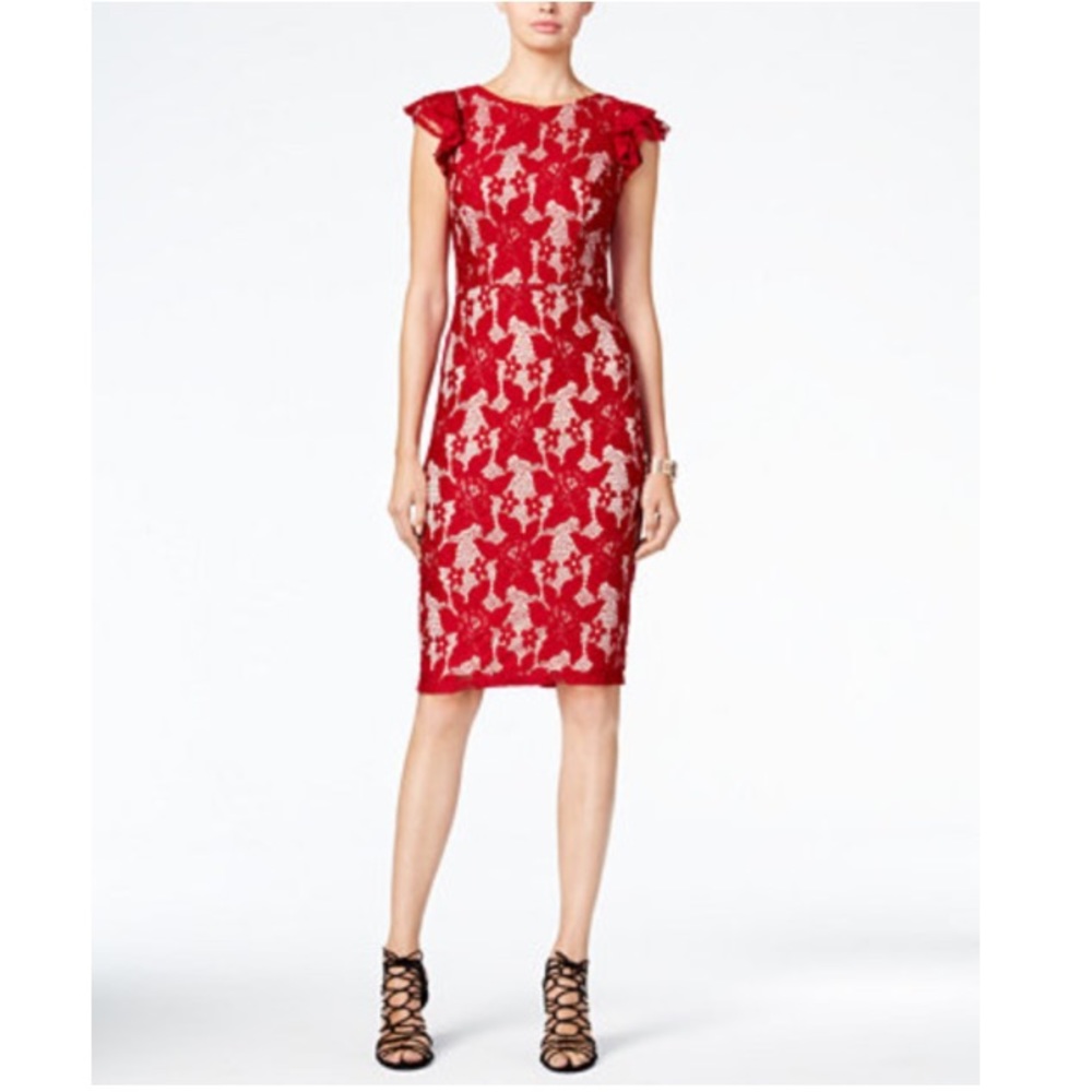 Red MIDI dress ruffle sleeve XOXO